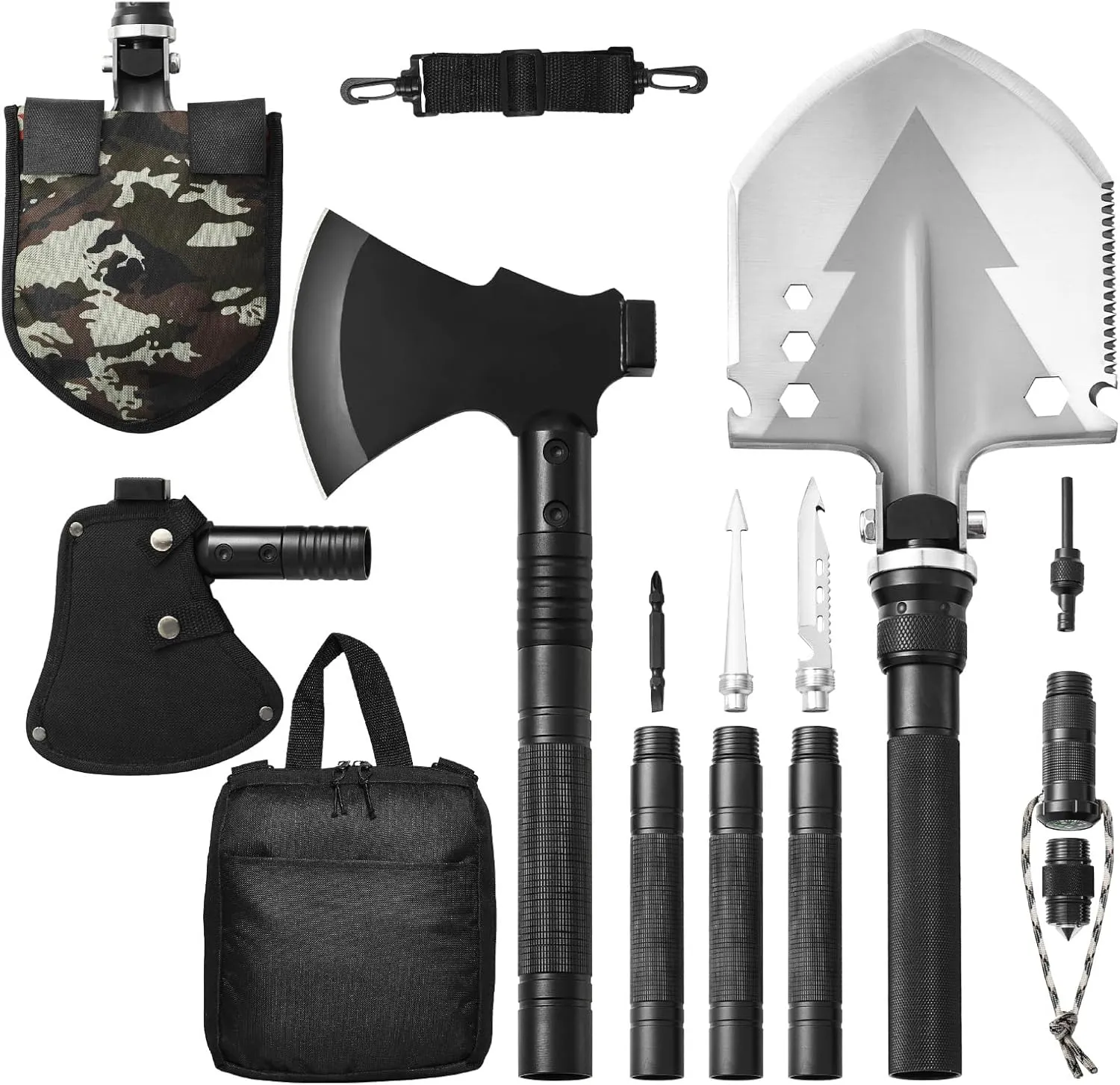 Happybuy Survival Gear, 16-in-1 Folding Shovel & Axe, Stainless Steel, Multifunctional, for Camping & Hiking