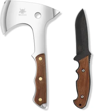 Hatchet and Fixed Blade Knife Combo Set, Full Tang Wood Handle with Nylon Sheath for Outdoor Camping Survival