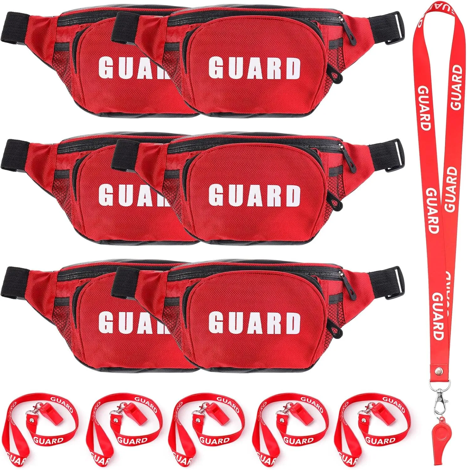 Hiboom 36 Pcs Guard Costume Supplies Guard Fanny Pack with Whistle Lanyard First Aid Hip Pack Whistle with Lanyard Adjustable Strap Zipper Pouch Red Emergency Equipment Set