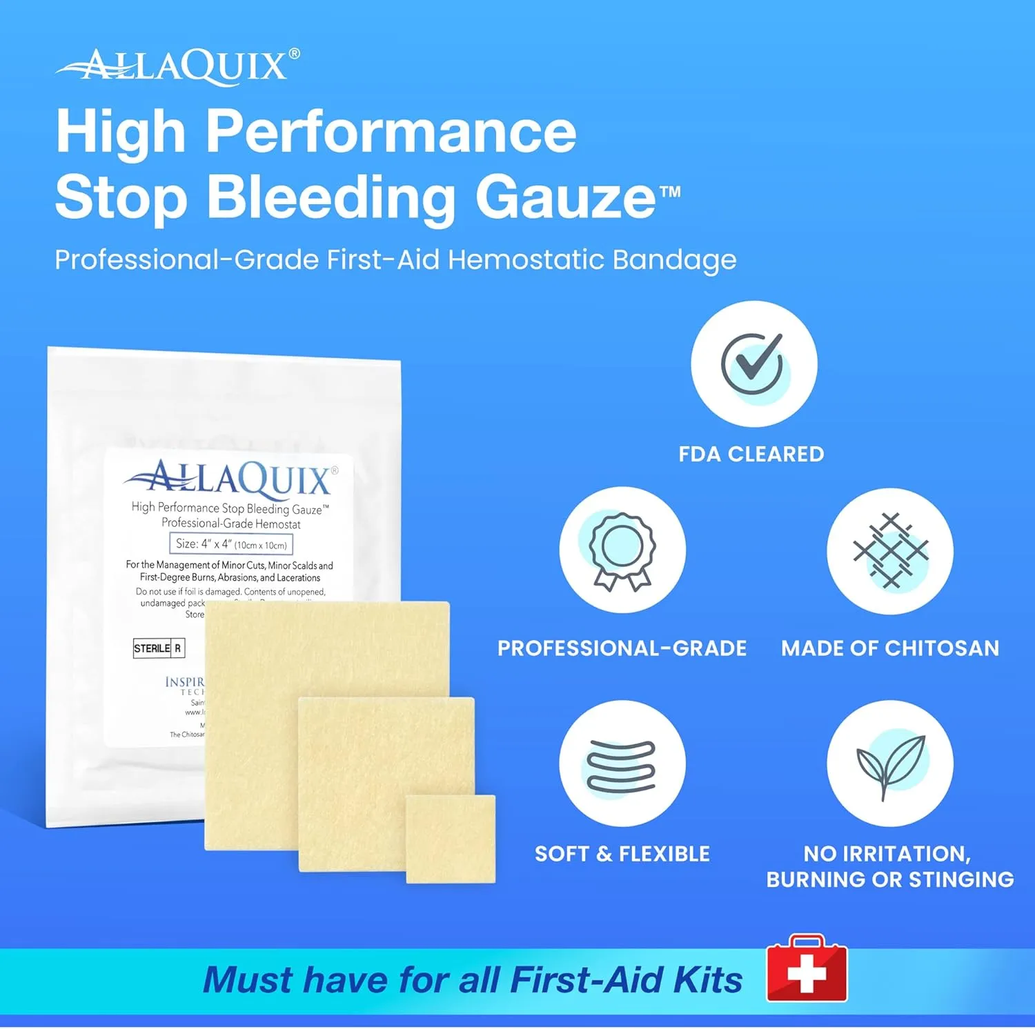 High Performance Stop Bleeding Gauze Pads – 3-Pack (4"x4") | Hemostatic Wound Dressing for Cuts & First Aid Kits | Sterile, Drug-Free, Fast Clotting Pads