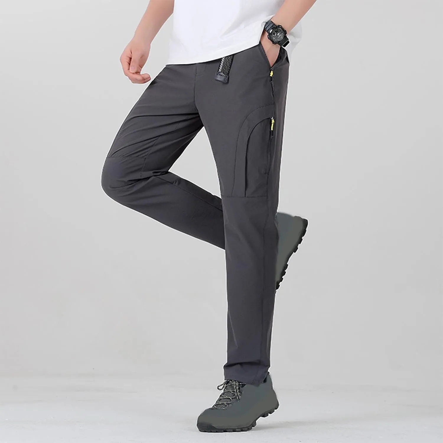 Hiking Pants Men with Belt 5 Zipper Pockets Waterproof Lightweight Quick Dry Travel Fishing Workout Pant Stretch Active