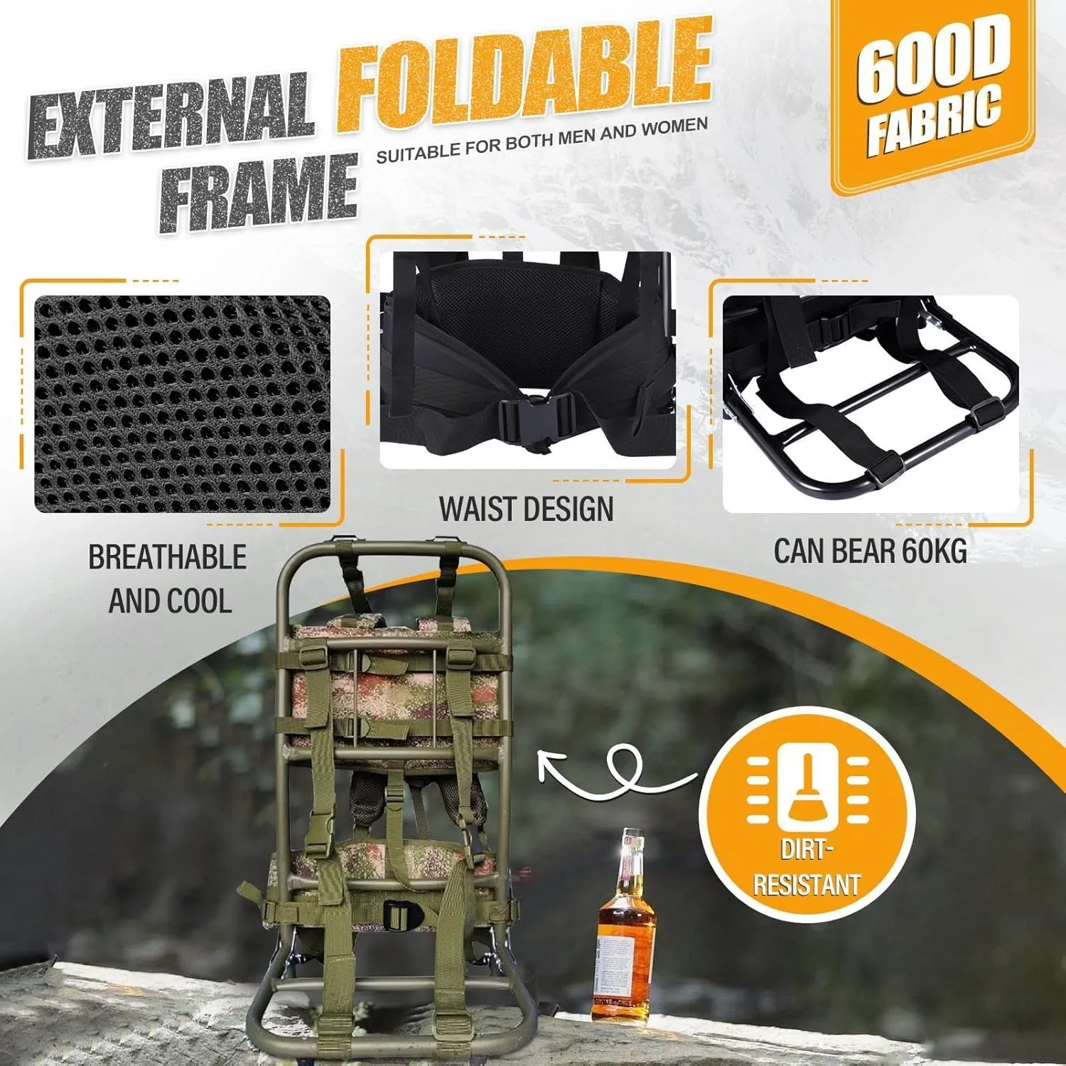 Hiking/Hunting Backpack Frame, Aluminum External Frame Backpack, External Frame Backpack - Large Load Aluminum Frame Backpack - Outdoor Nylon Fabric Backpack Frame for Camping, Hunting,