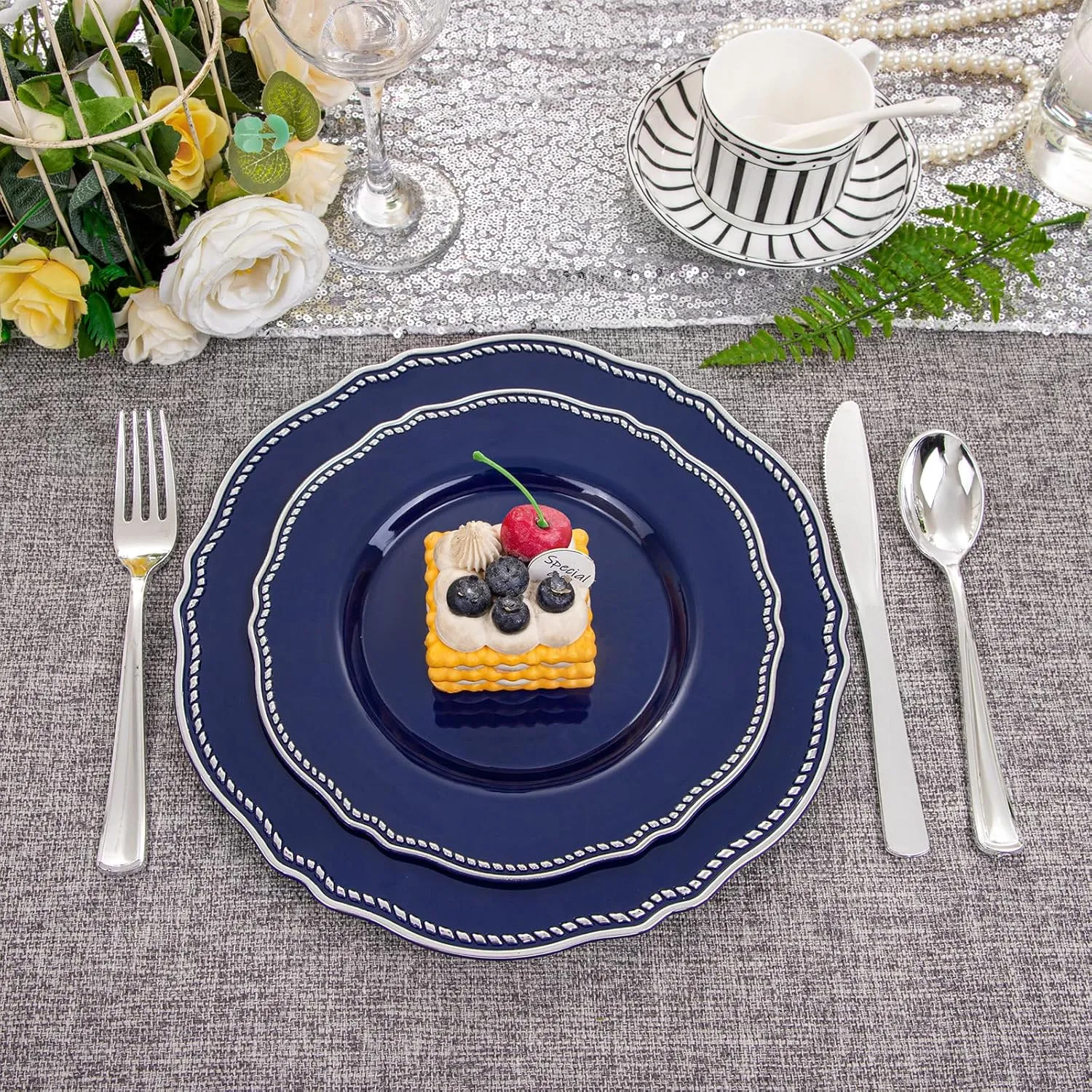 Hioasis 60pcs Blue Plastic Plates - Blue and Silver Disposable Plates, 7.5 inch Plastic Dessert Plates, Perfect for Wedding & Party & Holiday & Father's Day