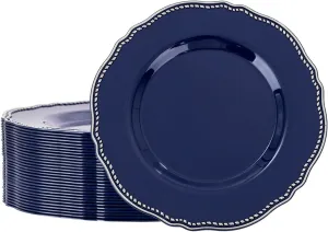Hioasis 60pcs Blue Plastic Plates - Blue and Silver Disposable Plates, 7.5 inch Plastic Dessert Plates, Perfect for Wedding & Party & Holiday & Father's Day