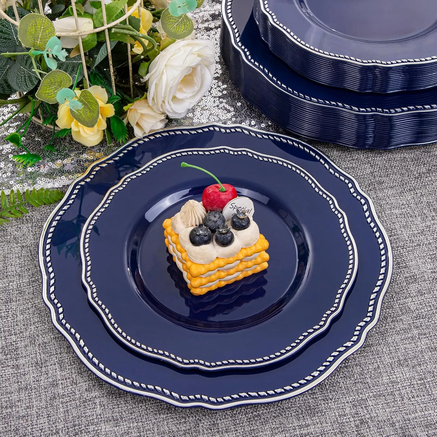 Hioasis 60pcs Blue Plastic Plates - Blue and Silver Disposable Plates, 7.5 inch Plastic Dessert Plates, Perfect for Wedding & Party & Holiday & Father's Day