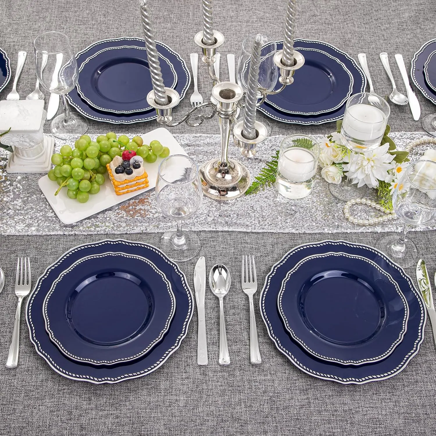 Hioasis 60pcs Blue Plastic Plates - Blue and Silver Disposable Plates, 7.5 inch Plastic Dessert Plates, Perfect for Wedding & Party & Holiday & Father's Day