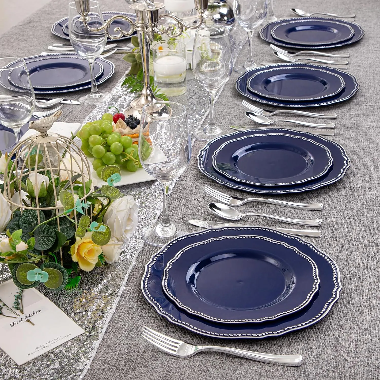 Hioasis 60pcs Blue Plastic Plates - Blue and Silver Disposable Plates, 7.5 inch Plastic Dessert Plates, Perfect for Wedding & Party & Holiday & Father's Day