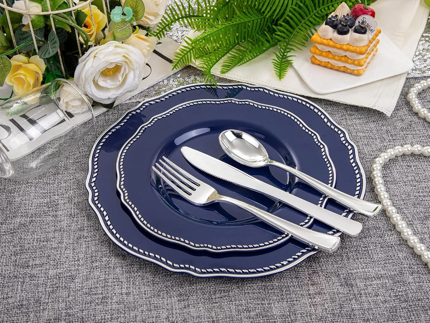 Hioasis 60pcs Blue Plastic Plates - Blue and Silver Disposable Plates, 7.5 inch Plastic Dessert Plates, Perfect for Wedding & Party & Holiday & Father's Day