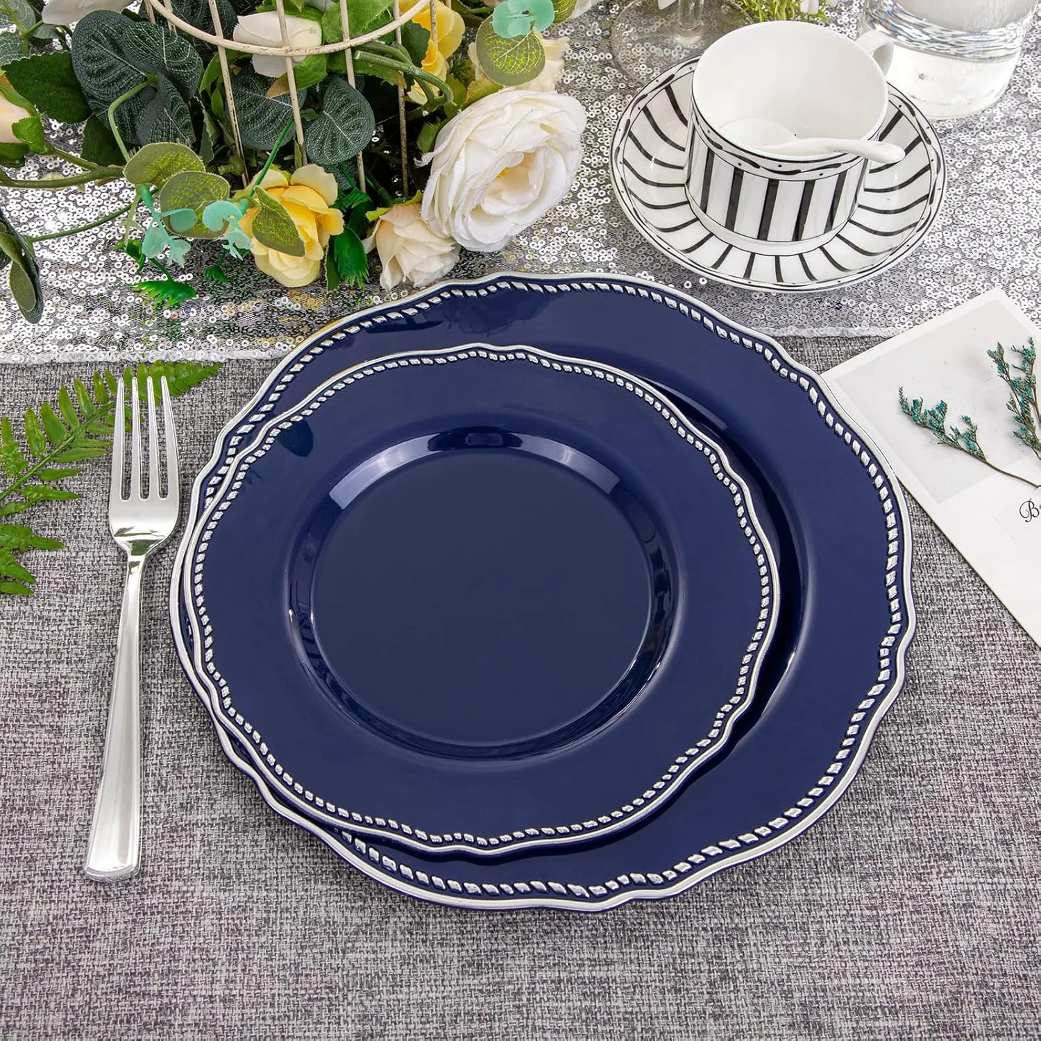 Hioasis 60pcs Blue Plastic Plates - Blue and Silver Disposable Plates, 7.5 inch Plastic Dessert Plates, Perfect for Wedding & Party & Holiday & Father's Day