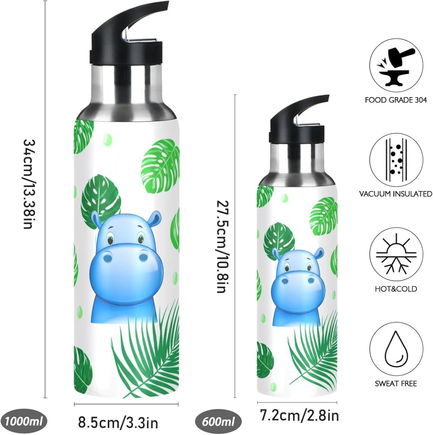 Hippo Sports Water Bottle with Straw, 22oz BPA Free Stainless Steel Vacuum Insulated Bottle for Gym Fitness Outdoor