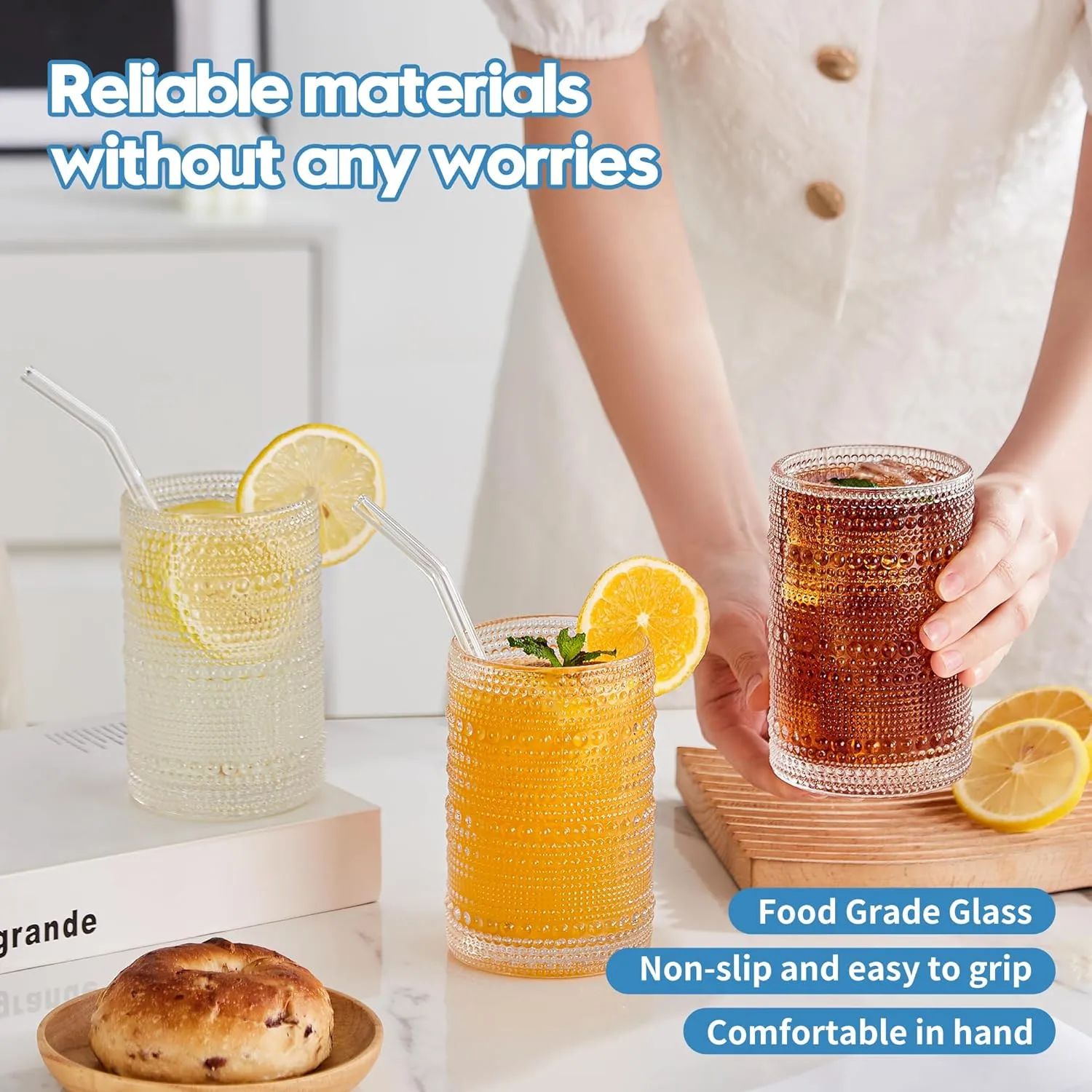 Hobnail Drinking Glasses Set of 12, 12oz & 15oz Vintage Glassware Set Cocktail Glass Set, Embossed Clear Water Tumbler,for Beer, Whiskey,Juice and Various Mixed Drinks (12 Pack-Clear)