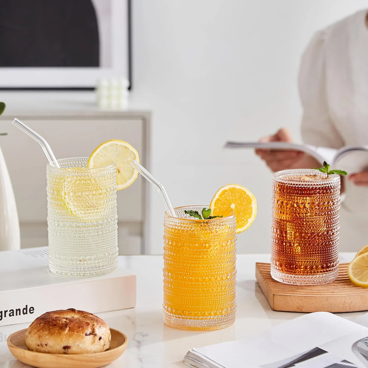 Hobnail Drinking Glasses Set of 12, 12oz & 15oz Vintage Glassware Set Cocktail Glass Set, Embossed Clear Water Tumbler,for Beer, Whiskey,Juice and Various Mixed Drinks (12 Pack-Clear)