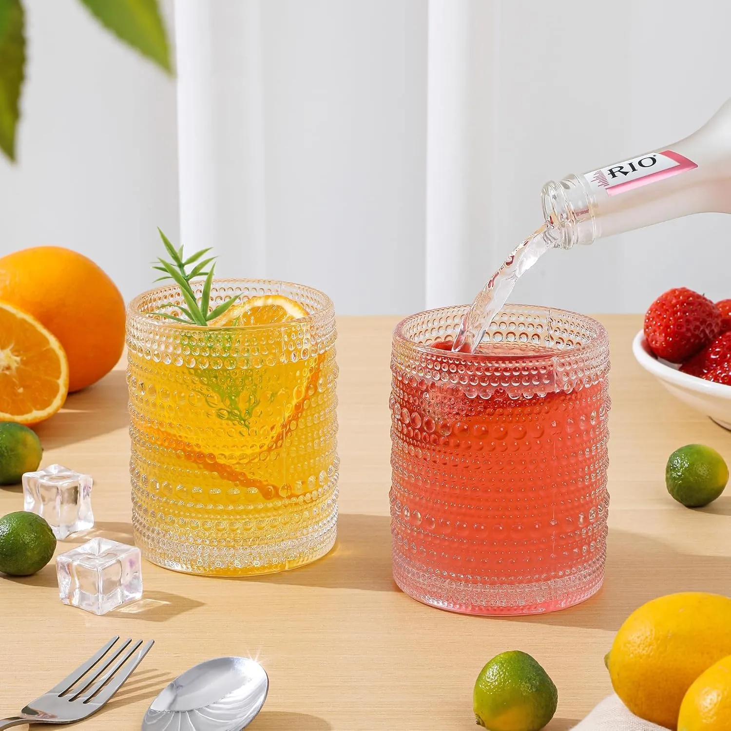 Hobnail Drinking Glasses Set of 12, 12oz & 15oz Vintage Glassware Set Cocktail Glass Set, Embossed Clear Water Tumbler,for Beer, Whiskey,Juice and Various Mixed Drinks (12 Pack-Clear)