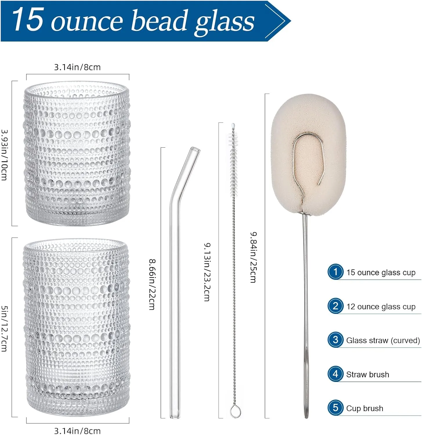 Hobnail Drinking Glasses Set of 12, 12oz & 15oz Vintage Glassware Set Cocktail Glass Set, Embossed Clear Water Tumbler,for Beer, Whiskey,Juice and Various Mixed Drinks (12 Pack-Clear)