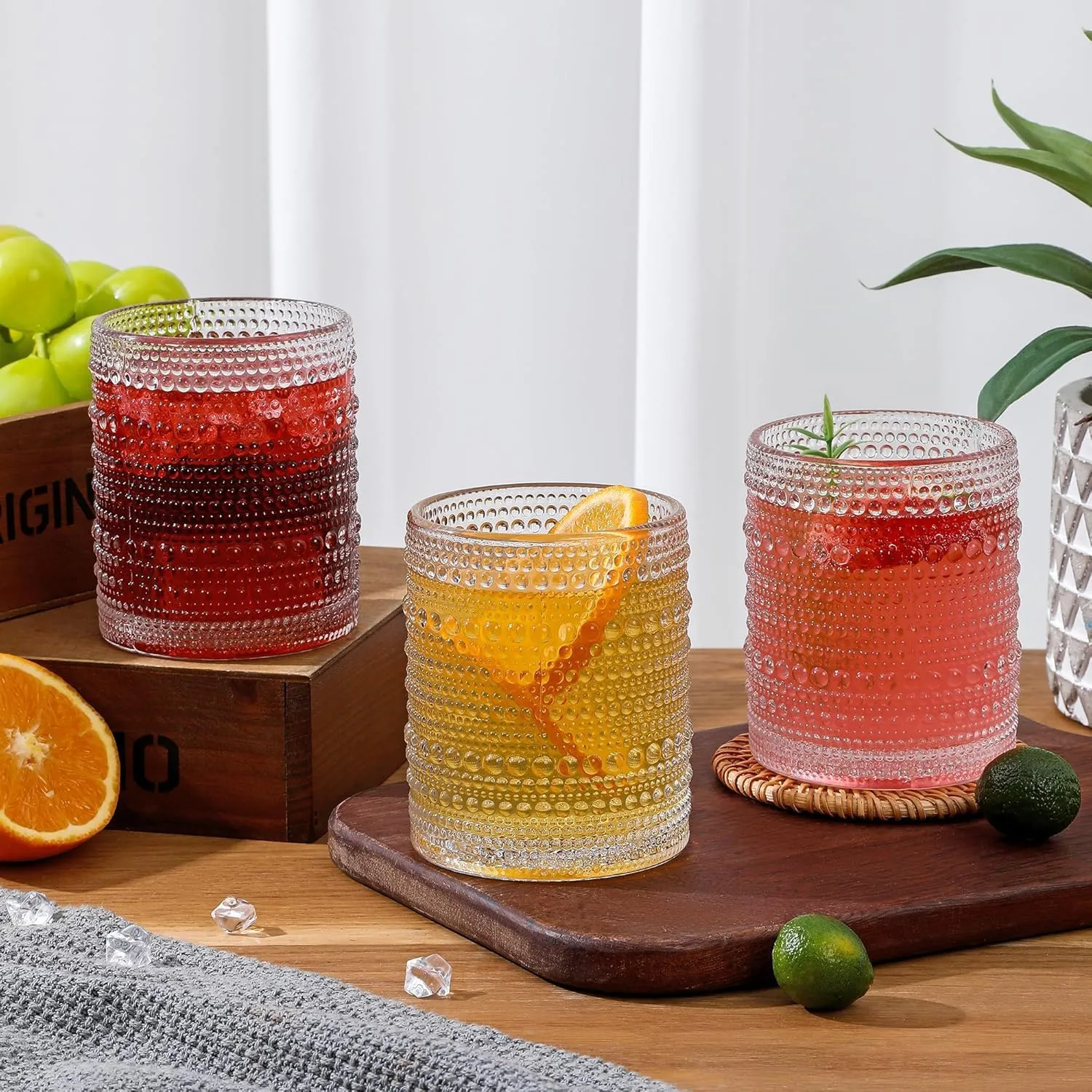 Hobnail Drinking Glasses Set of 12, 12oz & 15oz Vintage Glassware Set Cocktail Glass Set, Embossed Clear Water Tumbler,for Beer, Whiskey,Juice and Various Mixed Drinks (12 Pack-Clear)