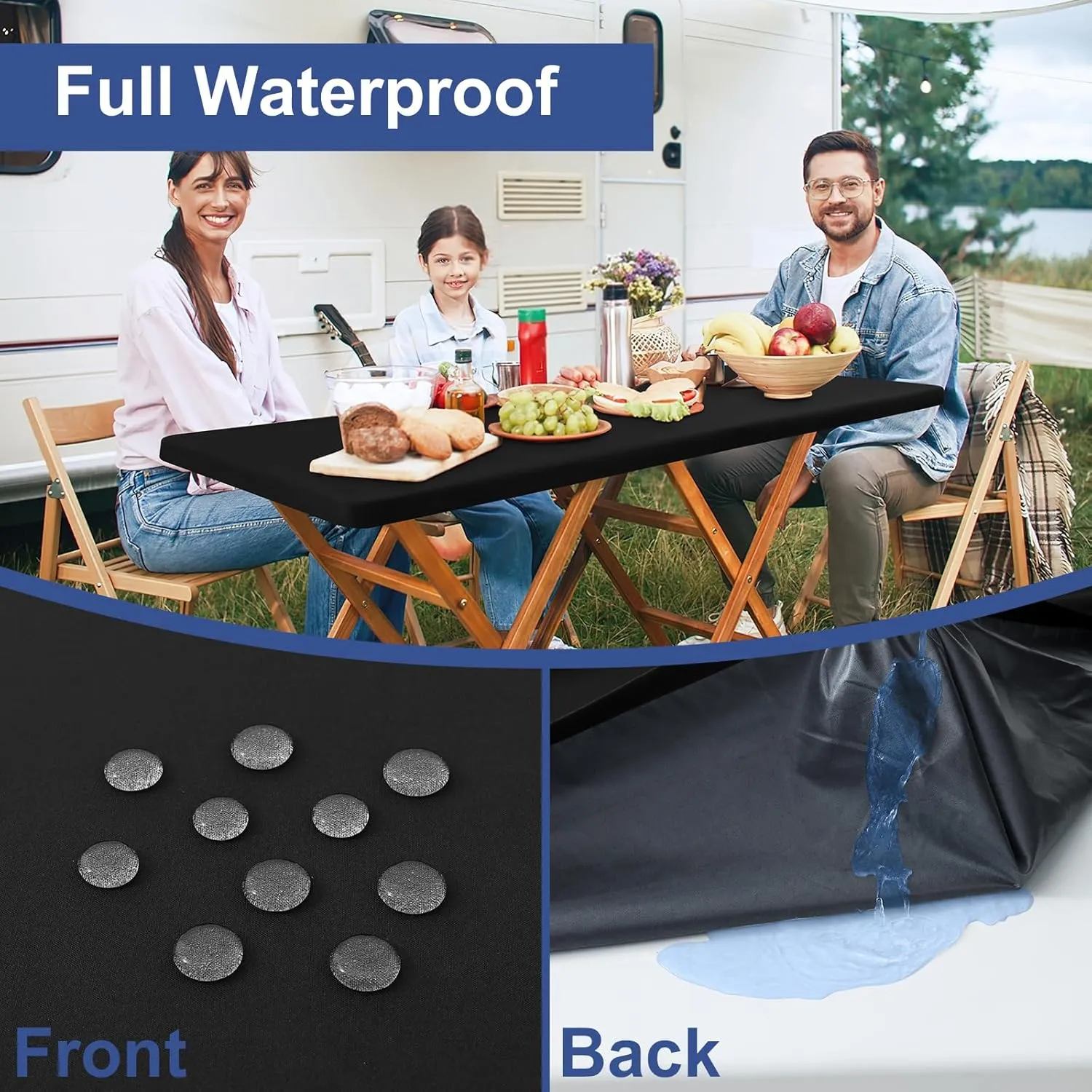 homing 2 Pack Rectangle Fully Waterproof Tablecloth, Elastic Fitted Fabric Table Cover for 6 Foot Tables, Washable Polyester Table Cloth for Picnic, Camping, Outdoor (Black, 30" x 72")