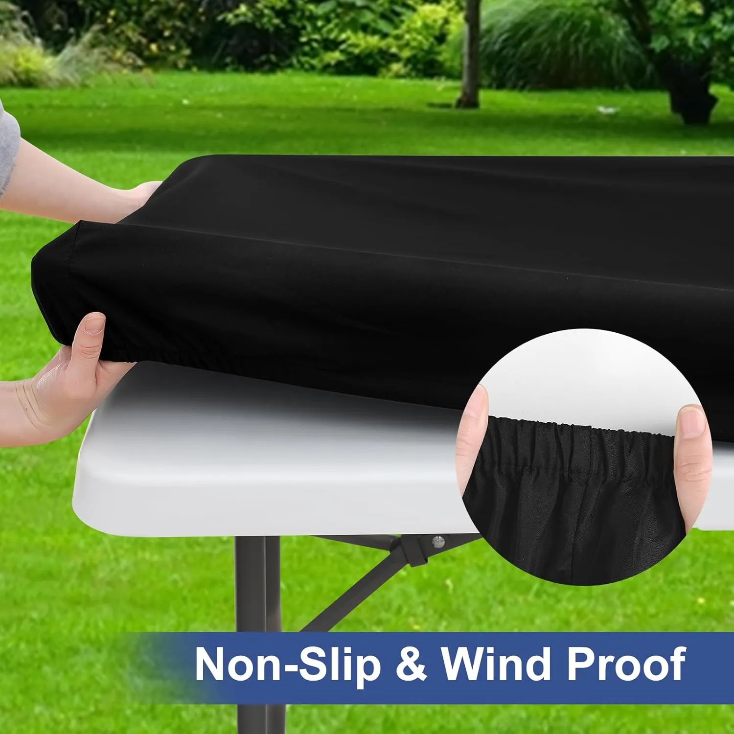 homing 2 Pack Rectangle Fully Waterproof Tablecloth, Elastic Fitted Fabric Table Cover for 6 Foot Tables, Washable Polyester Table Cloth for Picnic, Camping, Outdoor (Black, 30" x 72")