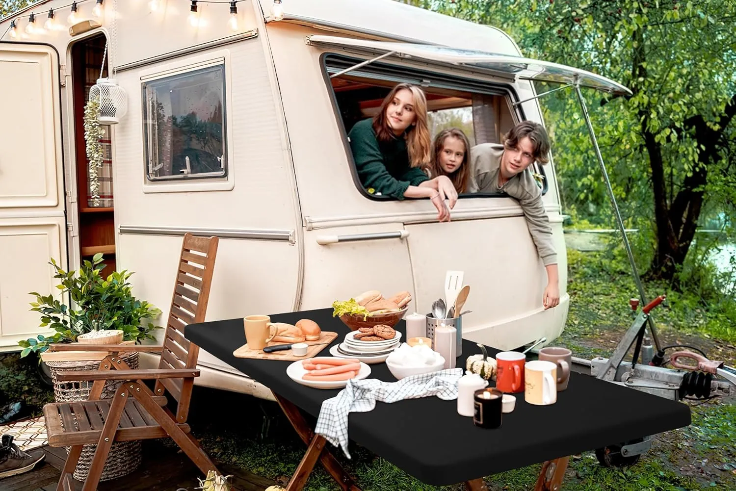 homing 2 Pack Rectangle Fully Waterproof Tablecloth, Elastic Fitted Fabric Table Cover for 6 Foot Tables, Washable Polyester Table Cloth for Picnic, Camping, Outdoor (Black, 30" x 72")