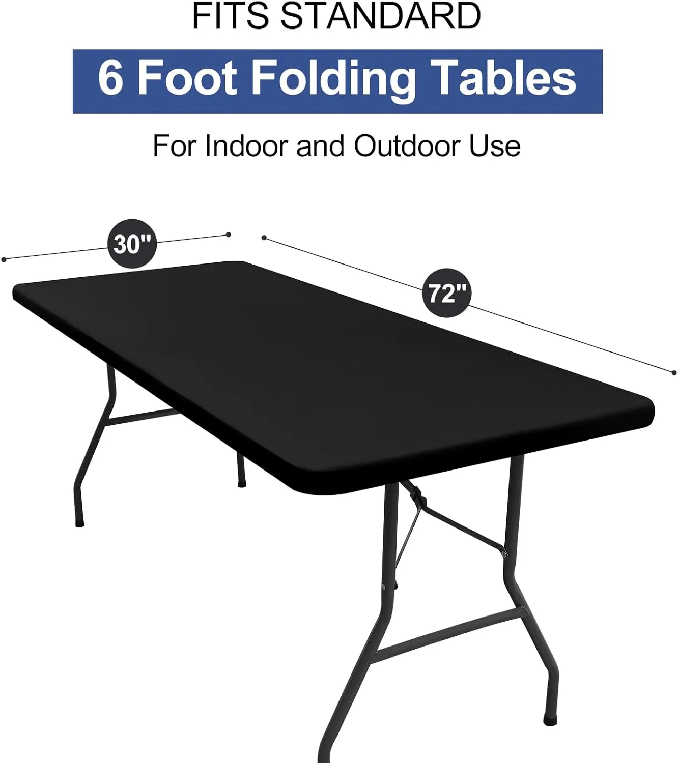 homing 2 Pack Rectangle Fully Waterproof Tablecloth, Elastic Fitted Fabric Table Cover for 6 Foot Tables, Washable Polyester Table Cloth for Picnic, Camping, Outdoor (Black, 30" x 72")