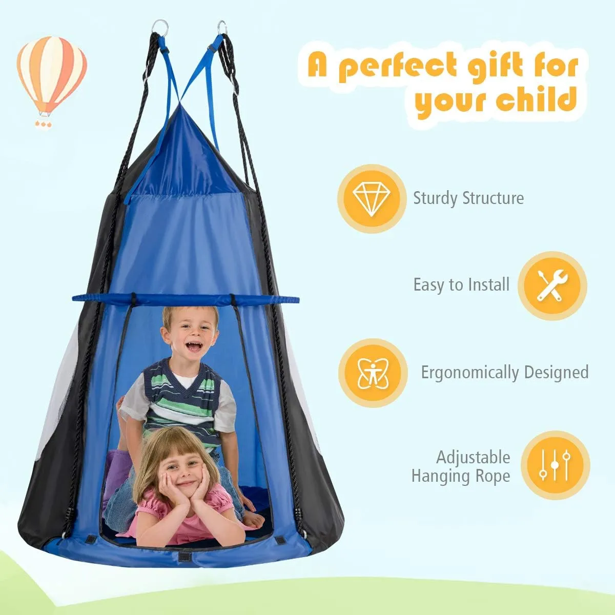 HONEY JOY Kids Hanging Chair Swing Tent, 2-in-1 40 Inch Hammock Tree Swing Seat & Detachable Play Tent, Max Capacity 330 LBS, Outdoor Indoor Nest Pod Swing Play House for Boys/Girls (Blue)
