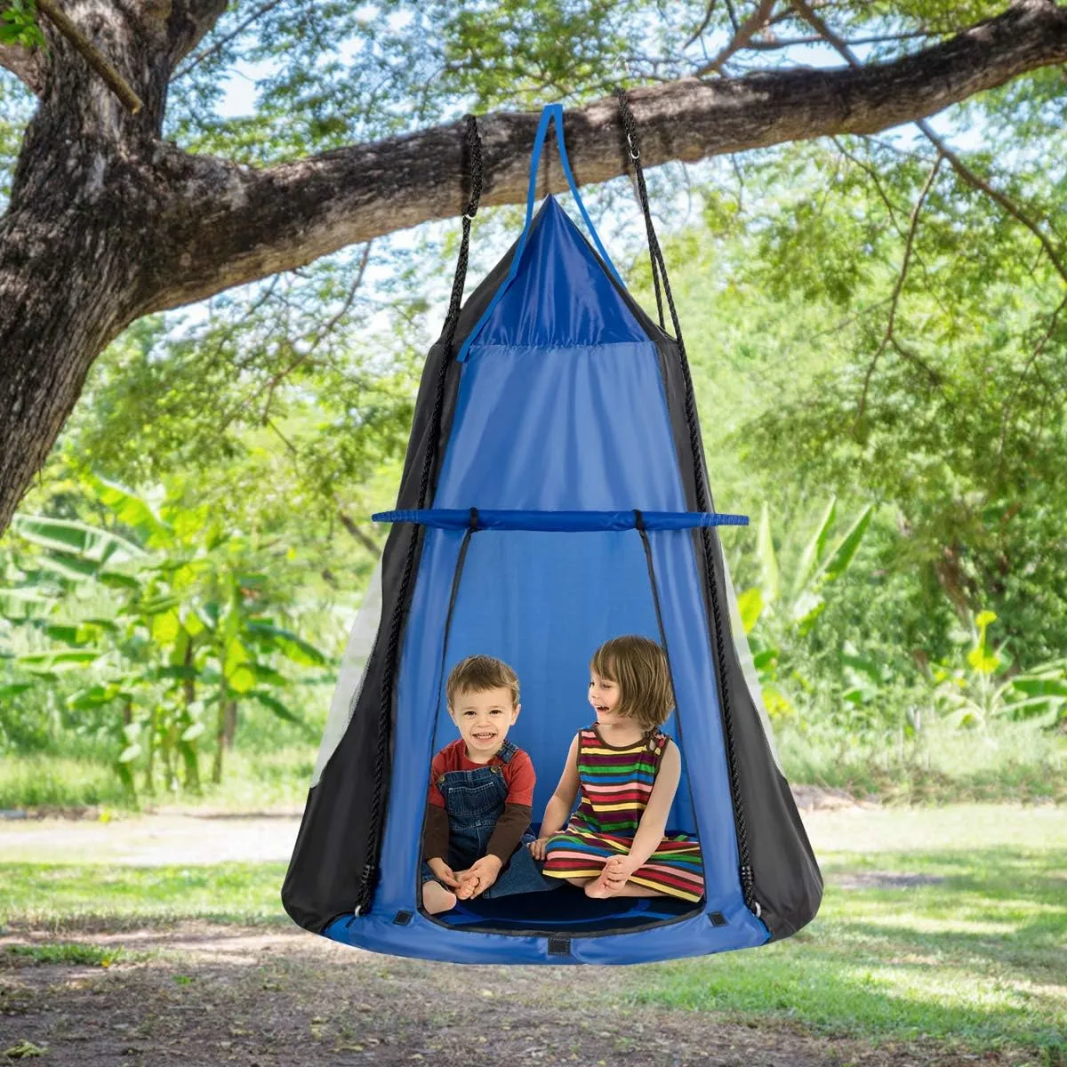 HONEY JOY Kids Hanging Chair Swing Tent, 2-in-1 40 Inch Hammock Tree Swing Seat & Detachable Play Tent, Max Capacity 330 LBS, Outdoor Indoor Nest Pod Swing Play House for Boys/Girls (Blue)