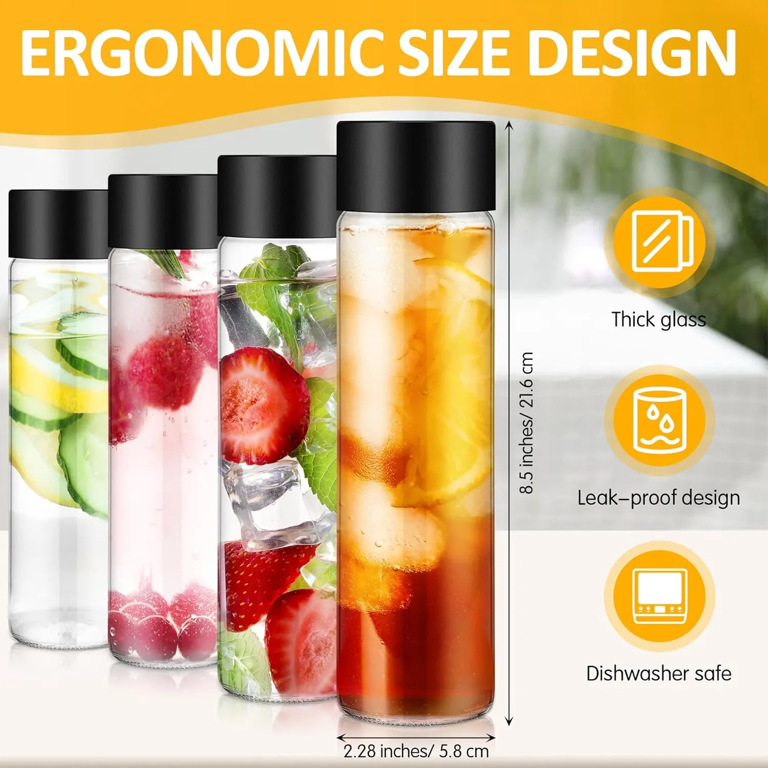 Honeydak 12 Pack Clear Glass Bottle with Lids 16Oz Wide Mouth Juice Bottles Milk Drinking Glass Bottle Reusable Airtight Juicing Cups Leak Proof Water Jar for Juicing Tea Milk Beverage Storage(Black)