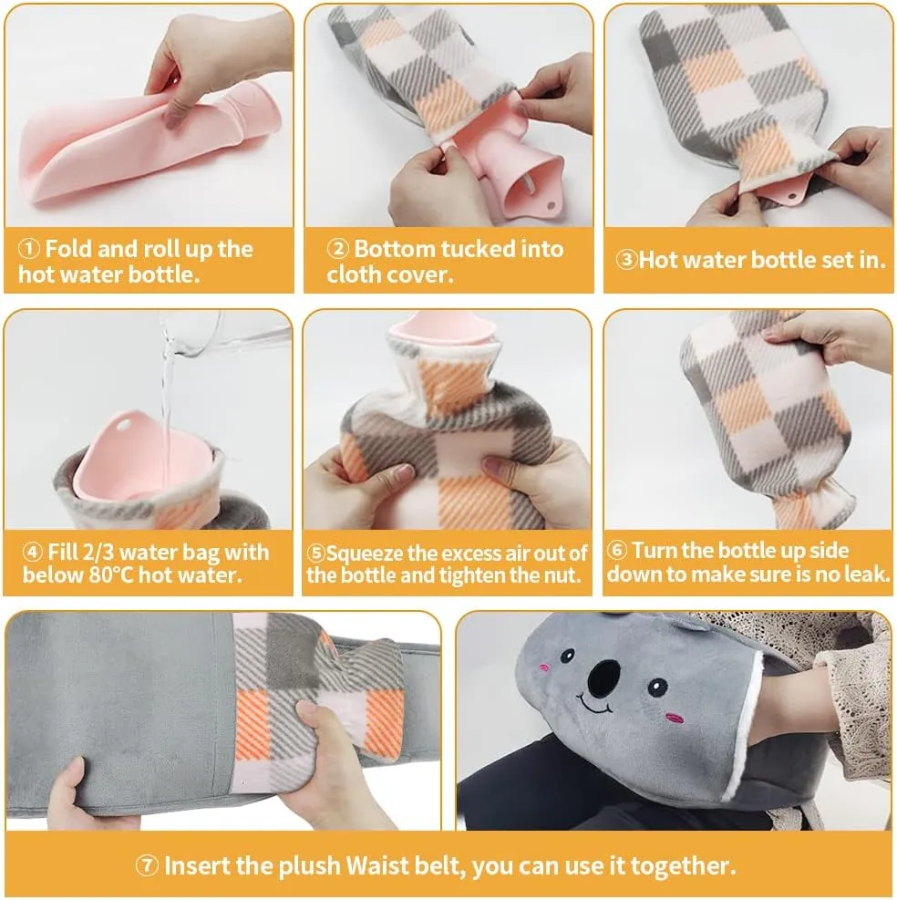 Hot Water Bag, Hot Water Bottle wtih Cover, 1L Rubber Warm Hot Water Bottles Pouch with 130cm Long Soft Waist Cover for Neck, Shoulder, Back, Hand, Legs and Period Pain Relief
