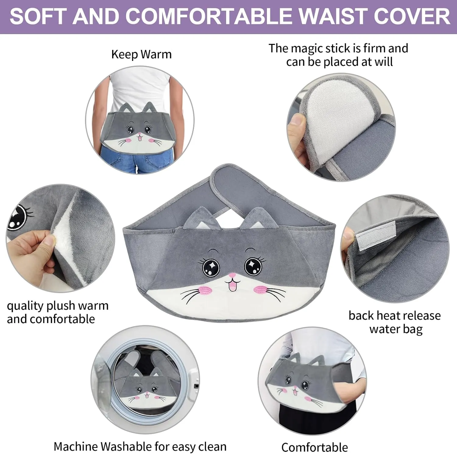 Hot Water Bag, Hot Water Bottle wtih Cover, 1L Rubber Warm Hot Water Bottles Pouch with 130cm Long Soft Waist Cover for Neck, Shoulder, Back, Hand, Legs and Period Pain Relief