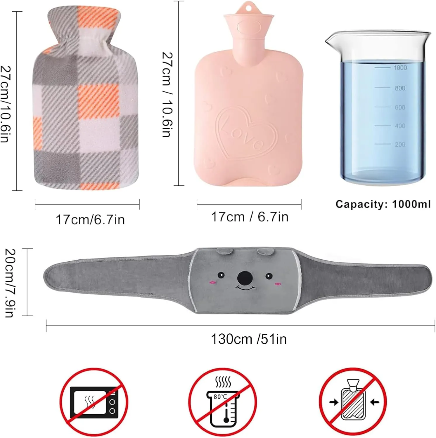 Hot Water Bag, Hot Water Bottle wtih Cover, 1L Rubber Warm Hot Water Bottles Pouch with 130cm Long Soft Waist Cover for Neck, Shoulder, Back, Hand, Legs and Period Pain Relief