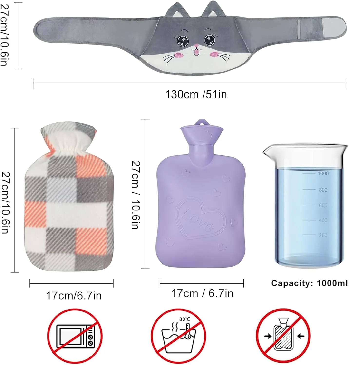 Hot Water Bag, Hot Water Bottle wtih Cover, 1L Rubber Warm Hot Water Bottles Pouch with 130cm Long Soft Waist Cover for Neck, Shoulder, Back, Hand, Legs and Period Pain Relief