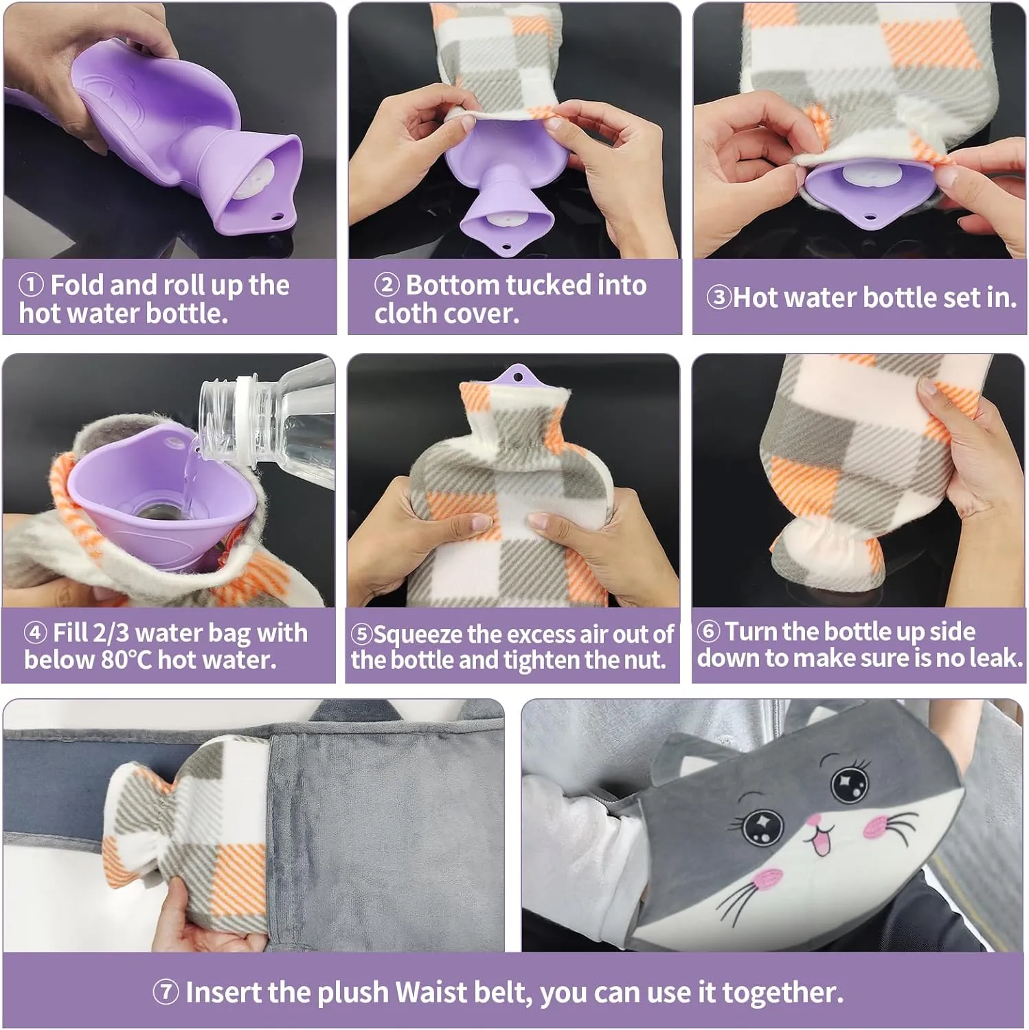 Hot Water Bag, Hot Water Bottle wtih Cover, 1L Rubber Warm Hot Water Bottles Pouch with 130cm Long Soft Waist Cover for Neck, Shoulder, Back, Hand, Legs and Period Pain Relief