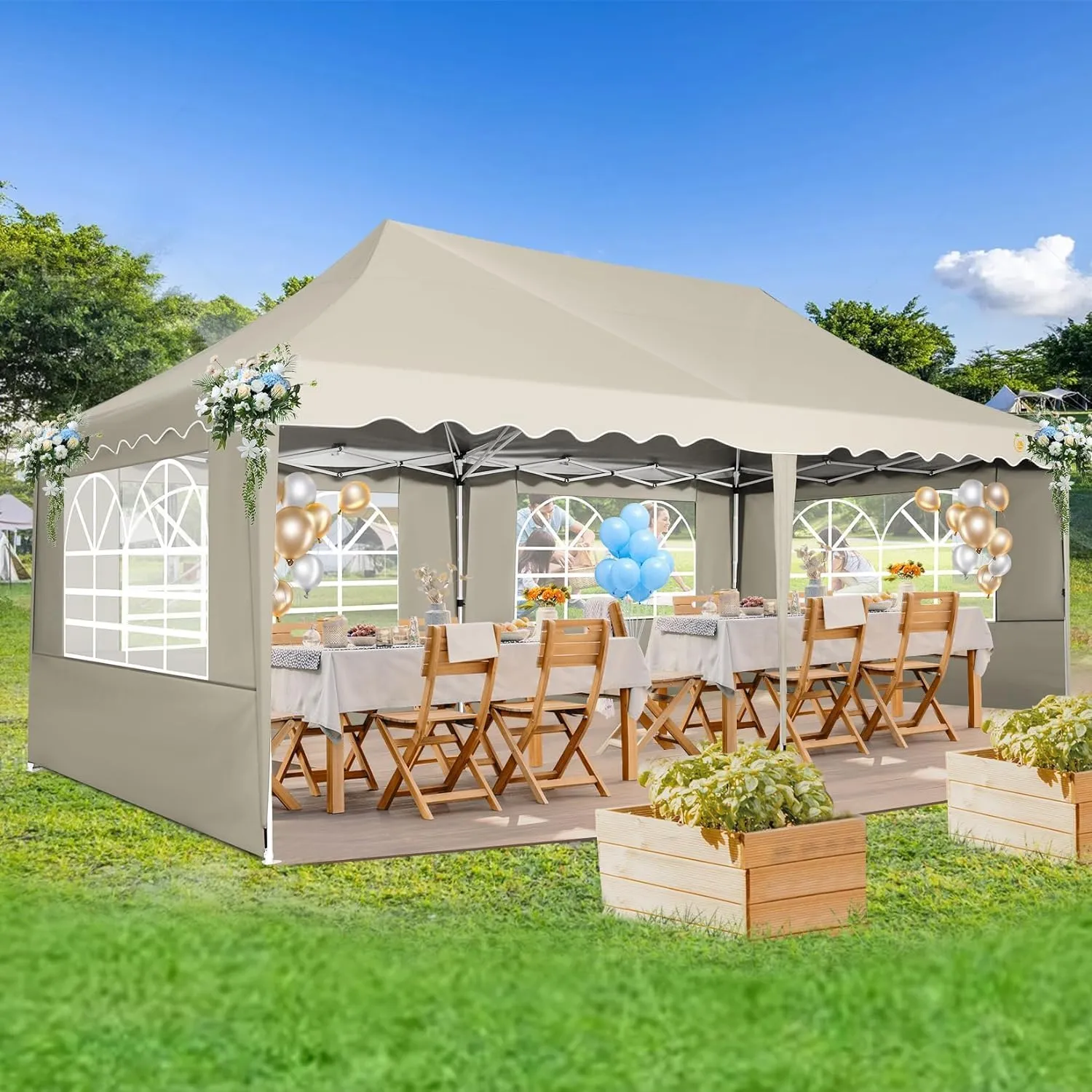 HOTEEL 10x20 Pop Up Canopy Tents for Parties, Outdoor Tent with 6 Sidewalls & 4 Sandbags & Wheeled Bag, Easy Setup for Wedding, Commercial, Patio Events, Party -Waterproof and UV50 , Khaki