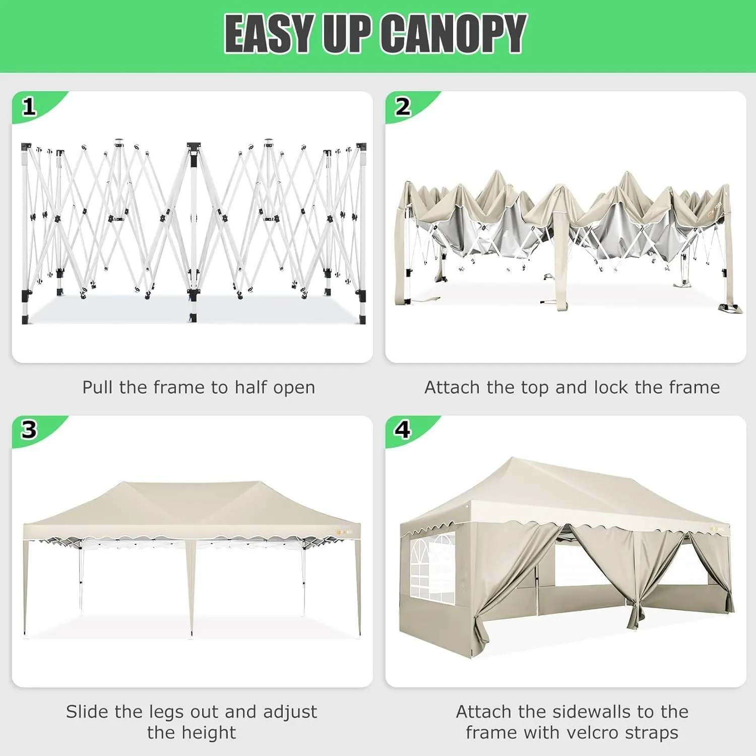 HOTEEL 10x20 Pop Up Canopy Tents for Parties, Outdoor Tent with 6 Sidewalls & 4 Sandbags & Wheeled Bag, Easy Setup for Wedding, Commercial, Patio Events, Party -Waterproof and UV50 , Khaki