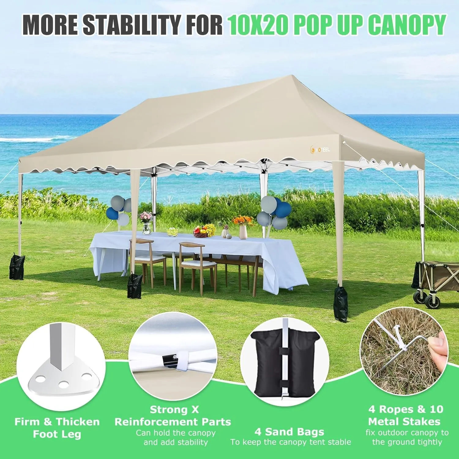 HOTEEL 10x20 Pop Up Canopy Tents for Parties, Outdoor Tent with 6 Sidewalls & 4 Sandbags & Wheeled Bag, Easy Setup for Wedding, Commercial, Patio Events, Party -Waterproof and UV50 , Khaki
