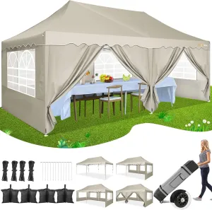 HOTEEL 10x20 Pop Up Canopy Tents for Parties, Outdoor Tent with 6 Sidewalls & 4 Sandbags & Wheeled Bag, Easy Setup for Wedding, Commercial, Patio Events, Party -Waterproof and UV50 , Khaki