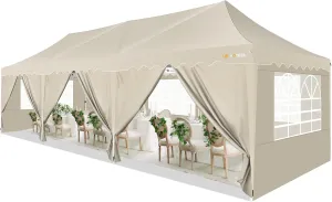HOTEEL 10x30 Party Tent, Wheeled Bag & Curled Edge & 4 Weights Bags, UPF 50  Waterproof Windproof Wedding Tents for Parties Gazebo, Khaki