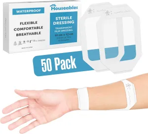 Houseables Waterproof Bandages, Transparent Film Dressing, Waterproof Bandages Post Surgical, for Wound Cover, Showering, Patches for Skin, Swimming, Tattoo, Medical, IV, Clear, 4x4 3/4, 50 Pack