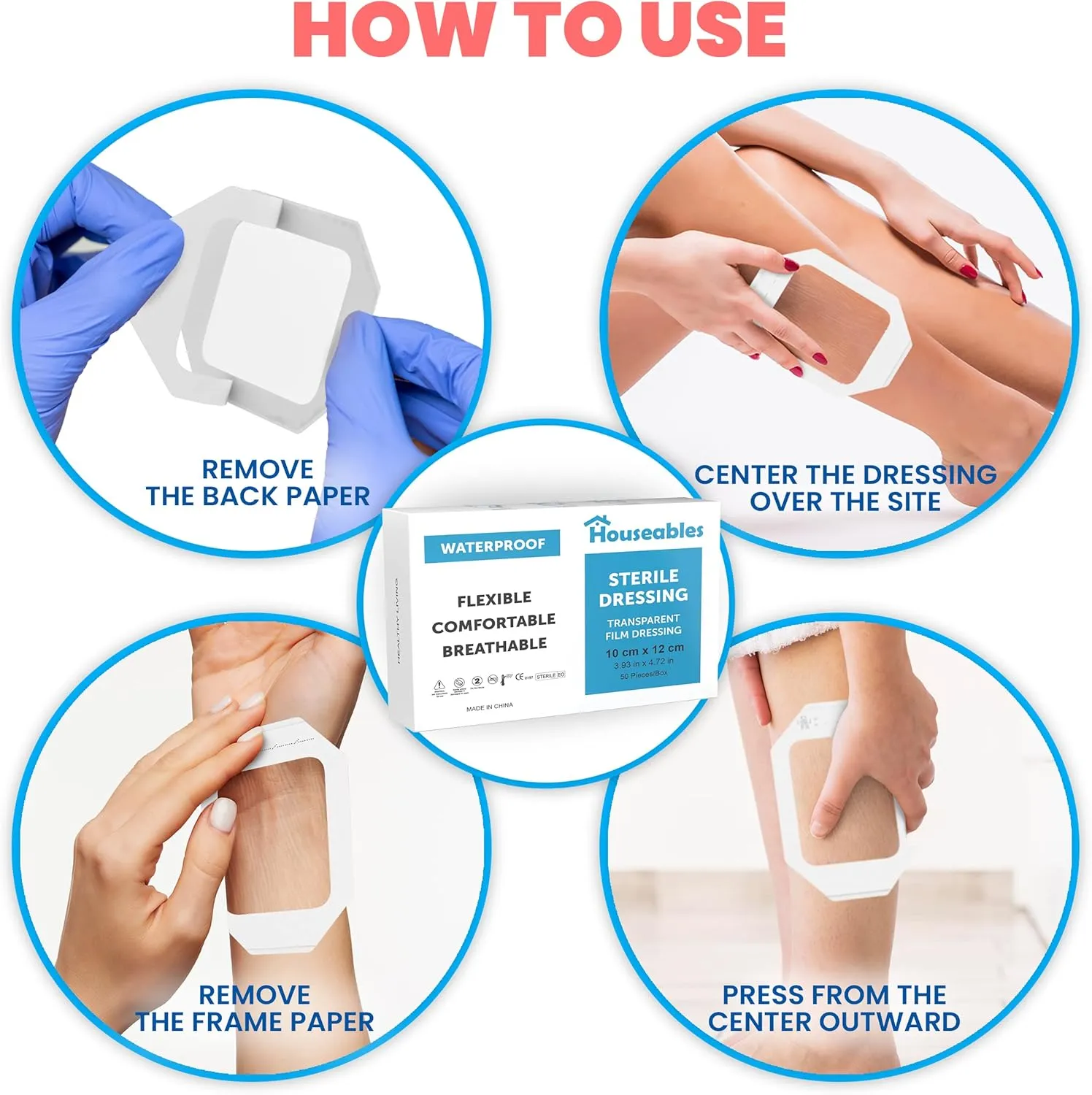 Houseables Waterproof Bandages, Transparent Film Dressing, Waterproof Bandages Post Surgical, for Wound Cover, Showering, Patches for Skin, Swimming, Tattoo, Medical, IV, Clear, 4x4 3/4, 50 Pack