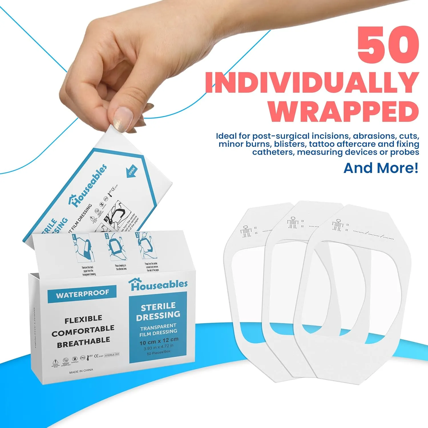 Houseables Waterproof Bandages, Transparent Film Dressing, Waterproof Bandages Post Surgical, for Wound Cover, Showering, Patches for Skin, Swimming, Tattoo, Medical, IV, Clear, 4x4 3/4, 50 Pack