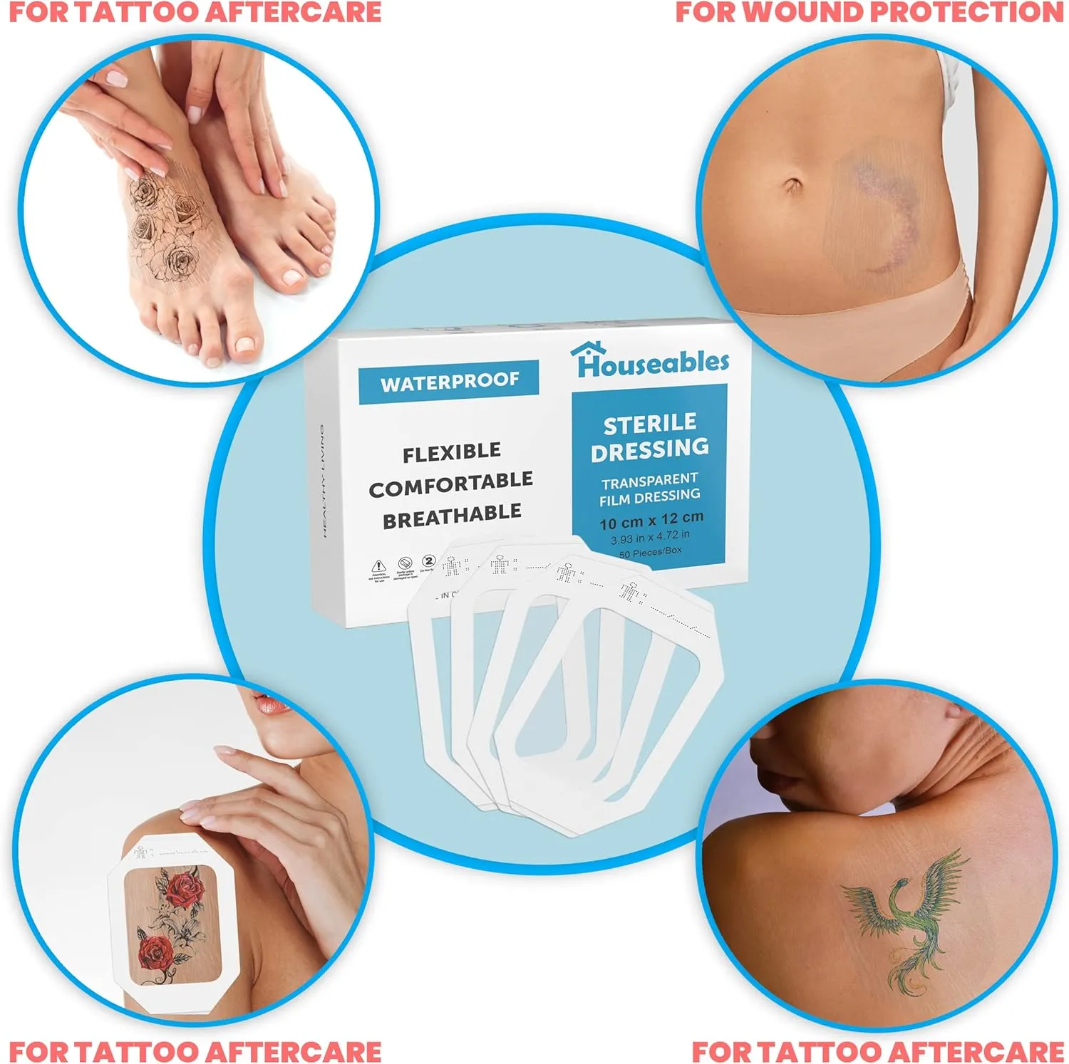 Houseables Waterproof Bandages, Transparent Film Dressing, Waterproof Bandages Post Surgical, for Wound Cover, Showering, Patches for Skin, Swimming, Tattoo, Medical, IV, Clear, 4x4 3/4, 50 Pack