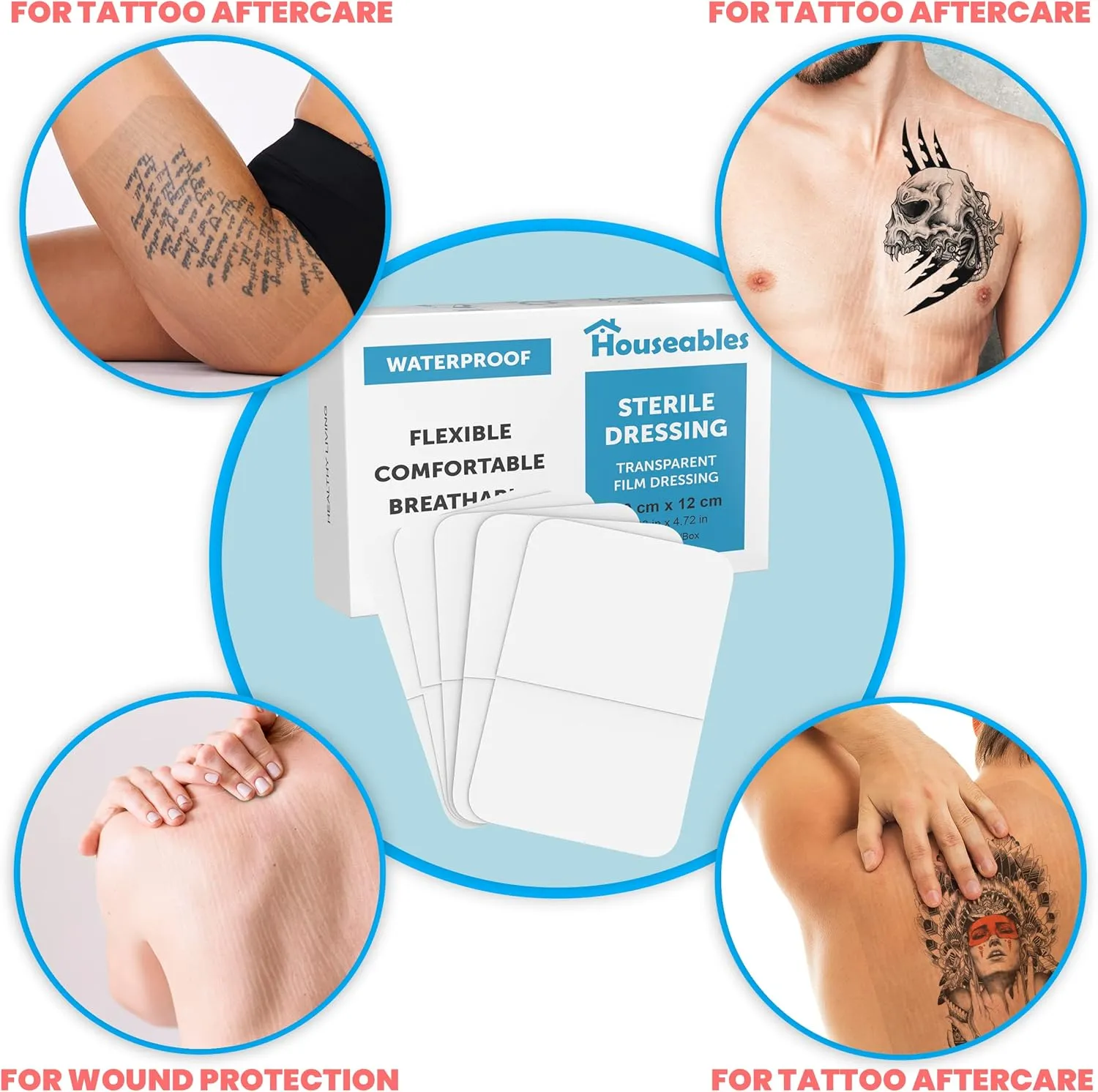 Houseables Waterproof Bandages, Transparent Film Dressing, Waterproof Bandages Post Surgical, Wound Covers for Showering, Swimming Tattoo Cover, After Surgery Protector, Clear, Large, 8x12, 10 Pack