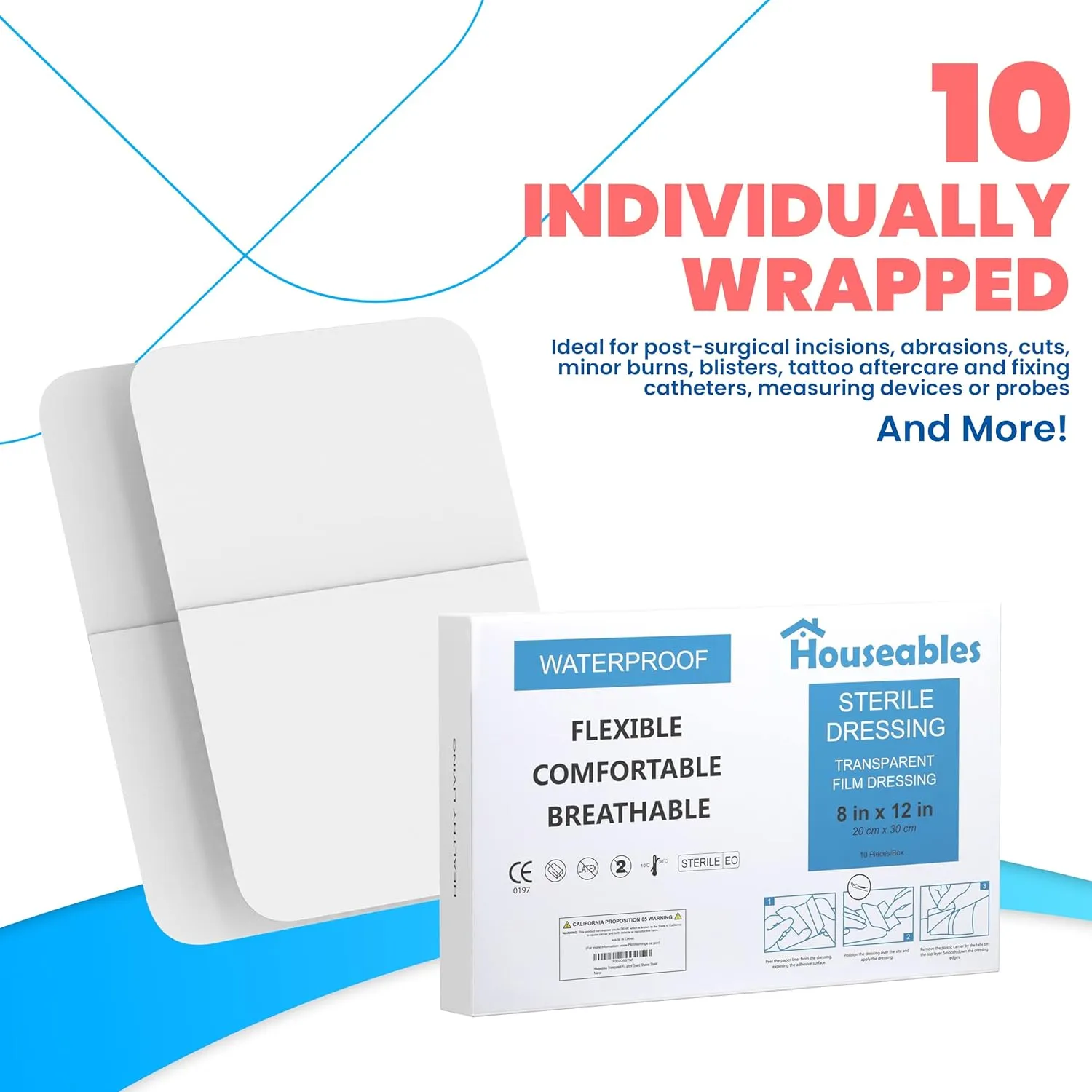 Houseables Waterproof Bandages, Transparent Film Dressing, Waterproof Bandages Post Surgical, Wound Covers for Showering, Swimming Tattoo Cover, After Surgery Protector, Clear, Large, 8x12, 10 Pack
