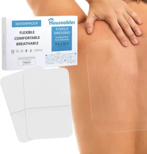 Houseables Waterproof Bandages, Transparent Film Dressing, Waterproof Bandages Post Surgical, Wound Covers for Showering, Swimming Tattoo Cover, After Surgery Protector, Clear, Large, 8x12, 10 Pack