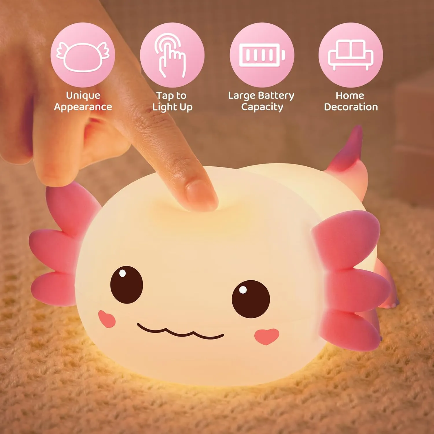 Huggwaii Squishy Axolotl Night Light for Kids – Dimmable Silicone Axolotl Lamp, 2025 Upgraded Baby Night Light, Rechargeable, 20H Battery Life, Sleep Aid Gift for Toddlers, Girls&Room Decor