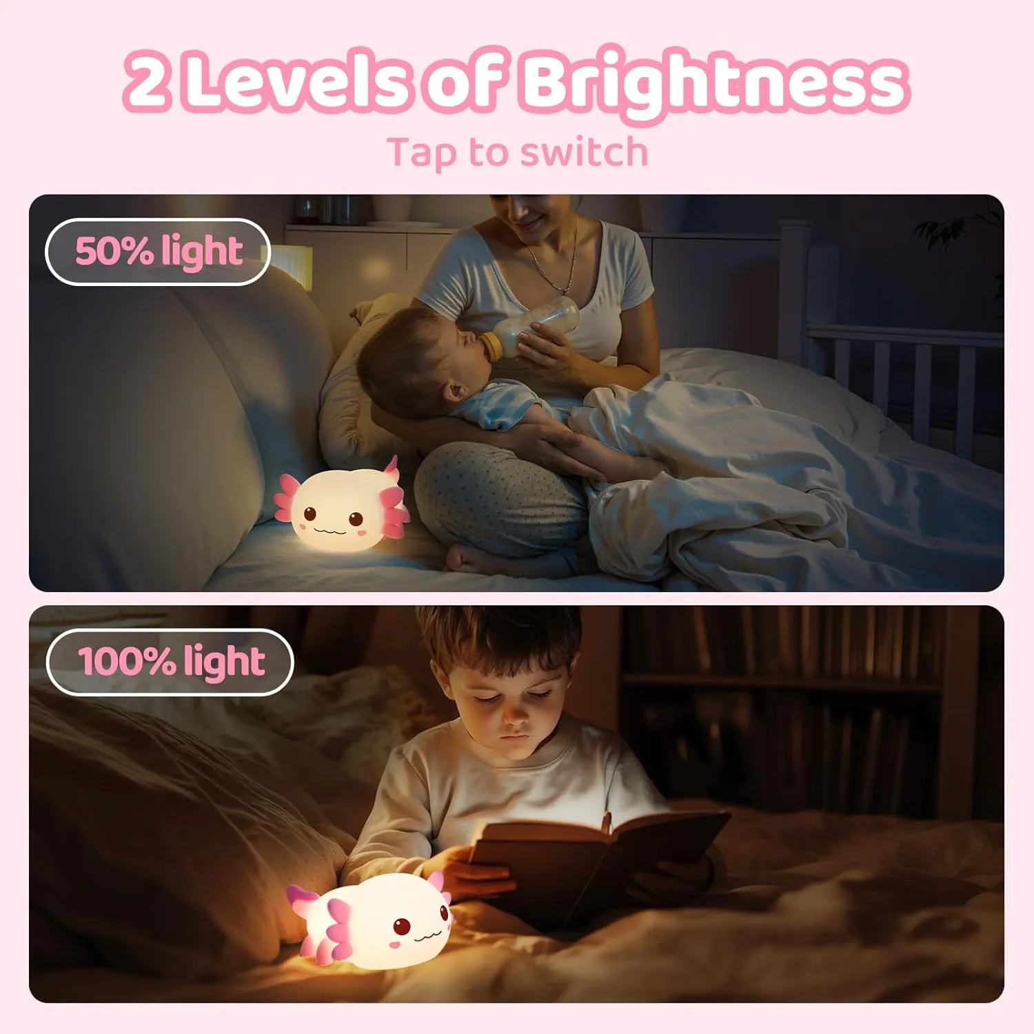 Huggwaii Squishy Axolotl Night Light for Kids – Dimmable Silicone Axolotl Lamp, 2025 Upgraded Baby Night Light, Rechargeable, 20H Battery Life, Sleep Aid Gift for Toddlers, Girls&Room Decor