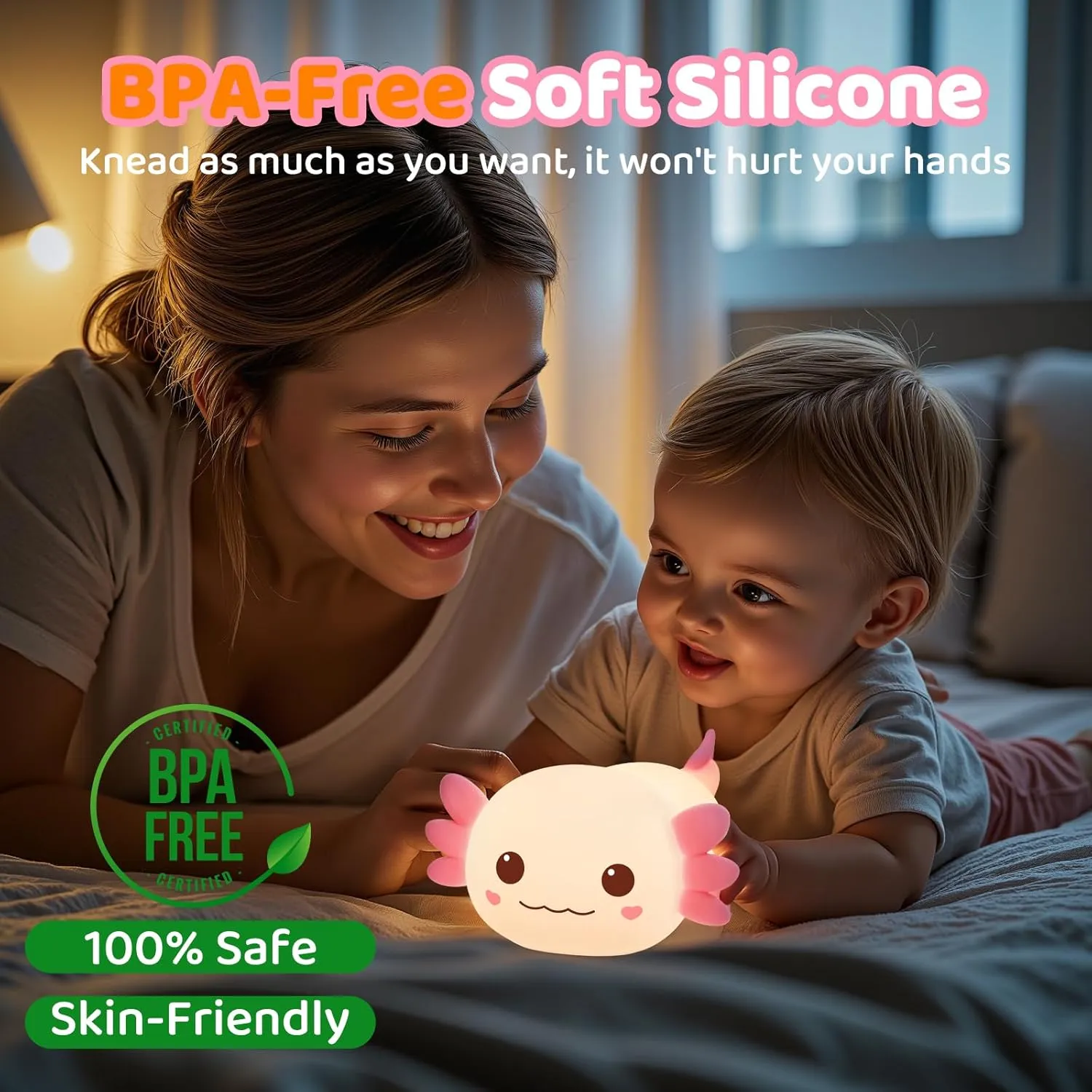 Huggwaii Squishy Axolotl Night Light for Kids – Dimmable Silicone Axolotl Lamp, 2025 Upgraded Baby Night Light, Rechargeable, 20H Battery Life, Sleep Aid Gift for Toddlers, Girls&Room Decor