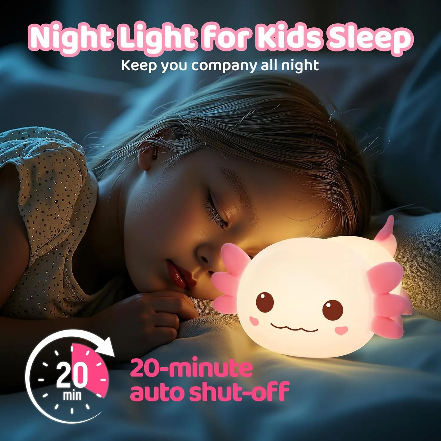 Huggwaii Squishy Axolotl Night Light for Kids – Dimmable Silicone Axolotl Lamp, 2025 Upgraded Baby Night Light, Rechargeable, 20H Battery Life, Sleep Aid Gift for Toddlers, Girls&Room Decor