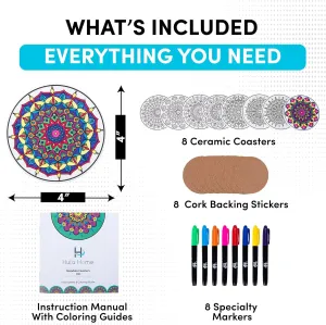 Hula Home Color Your Own Coaster Mandalas w/Markers | 8 Absorbent Ceramic Tiles w/Cork Base | Gift Arts and Crafts DIY Kit for Adults, Hobby, Teens, Seniors, Women, Elderly