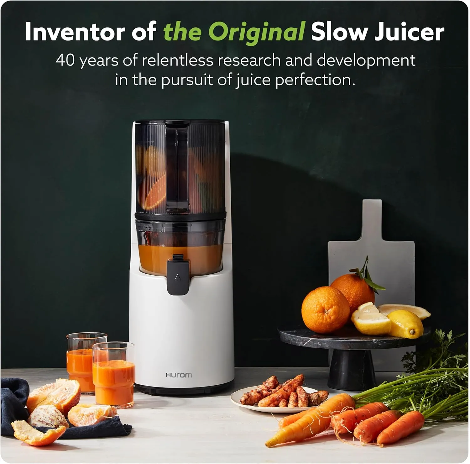 Hurom H-200 Easy Clean Electronic Juicer Machine (White) - Self Feeding Slow Juicer w Big Mouth Hopper to Fit Whole Fruits & Vegetables - Healthy Living - Rinse Clean No Scrub BPA Free Easy Assembly