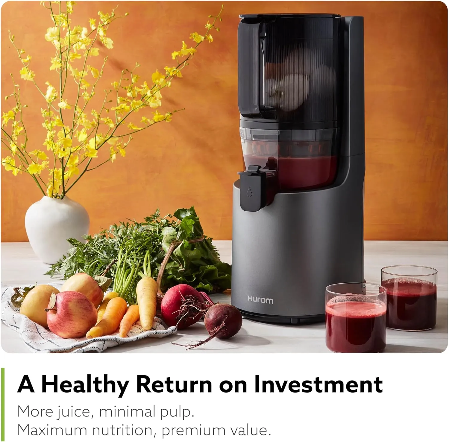 Hurom H-200 Easy Clean Electronic Juicer Machine (White) - Self Feeding Slow Juicer w Big Mouth Hopper to Fit Whole Fruits & Vegetables - Healthy Living - Rinse Clean No Scrub BPA Free Easy Assembly